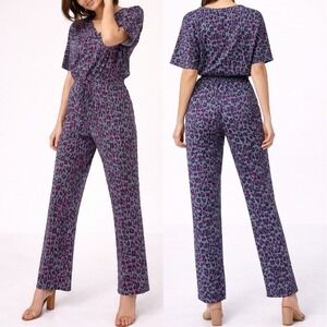 Pact Navy Pink Leopard Print Jumpsuit Short Sleeve Wide Leg Size Small
